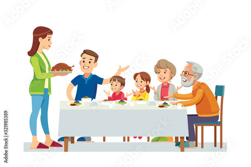 Happy big family eating dinner together vector illustration.