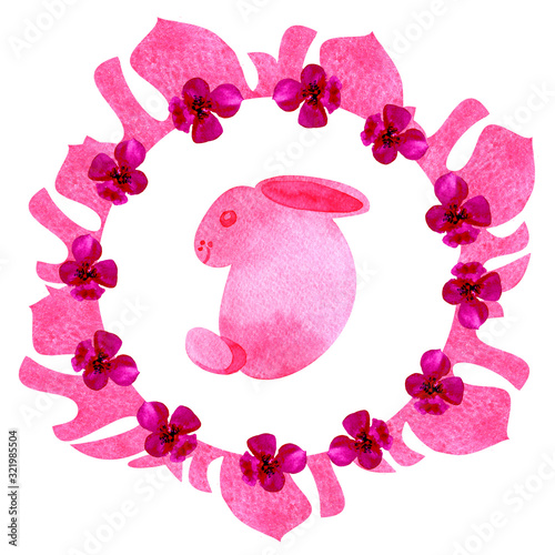 Watercolor circle frame isolated, wreath of pink flowers with  leaves, rabbit painted  on  white background. Design for greeting card, decoration postcard or invitation, Easter holiday