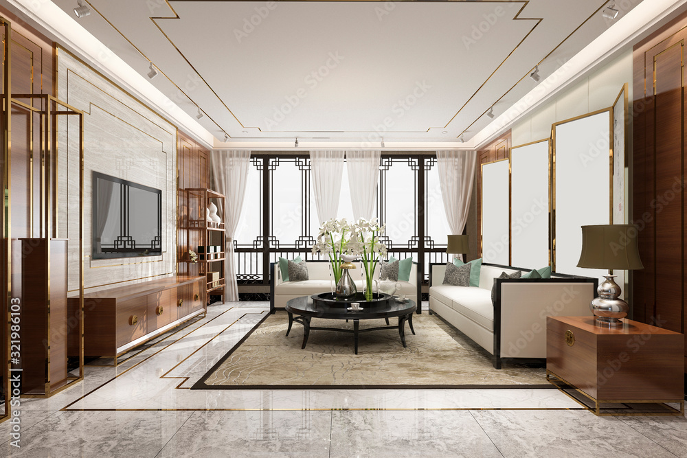Fototapeta premium 3d rendering luxury and modern living room with chinese style decor