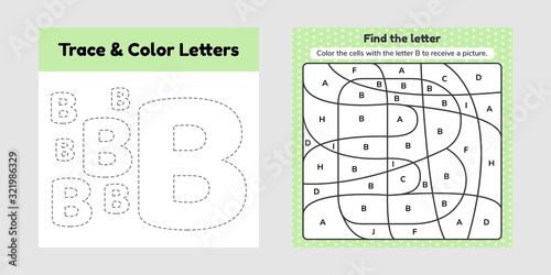 Coloring book letter for kids. Worksheet for preschool, kindergarten and school age. Trace line. Write and color
