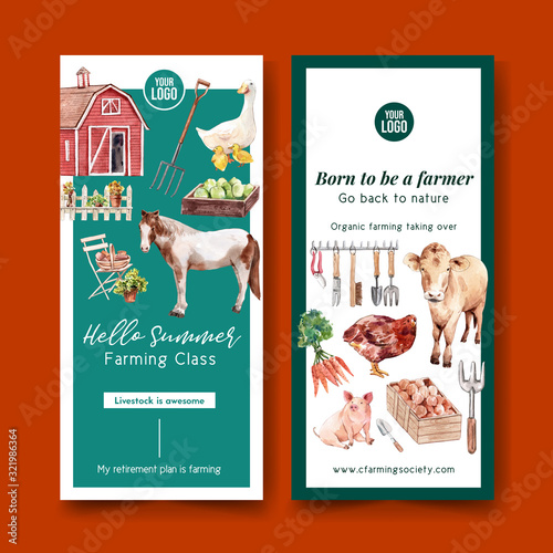 Farmer flyer design with cow, chicken, pig, duck watercolor illustration.