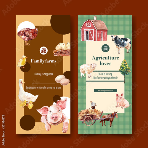 Farmer flyer design with cow, chicken, pig, duck watercolor illustration.
