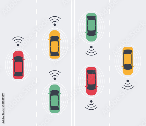 Driverless smart Car, autonomous vehicle, auto with autopilot with wireless waves and road background. Top view. Vector illustration in flat style