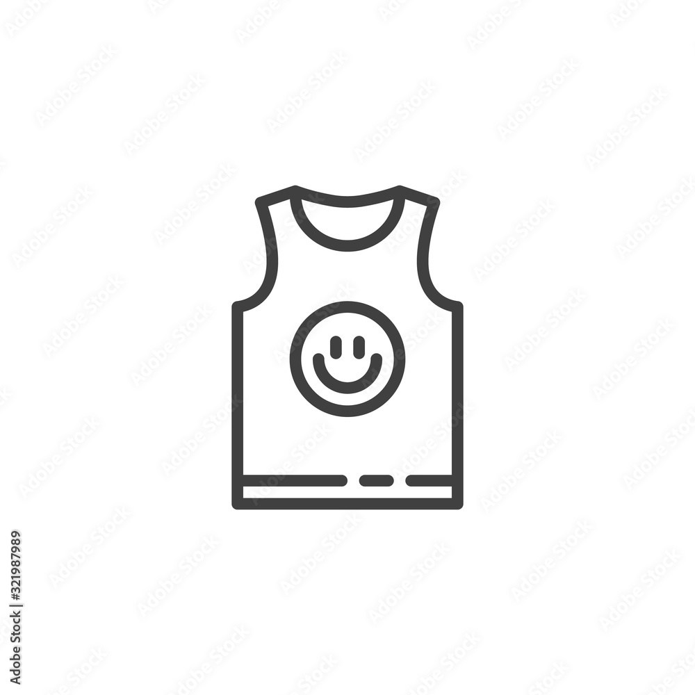 Mens singlet with smiley print line icon. linear style sign for mobile concept and web design. Sleeveless tank top outline vector icon. Symbol, logo illustration. Vector graphics Mens singlet with smiley print line icon. linear style sign for mobile concept and web design. Sleeveless tank top outline vector icon. Symbol, logo illustration. Vector graphics