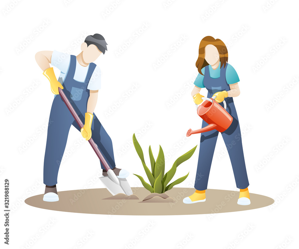 Vector illustration Woman and man gardening together Vector illustration Woman and man gardening together