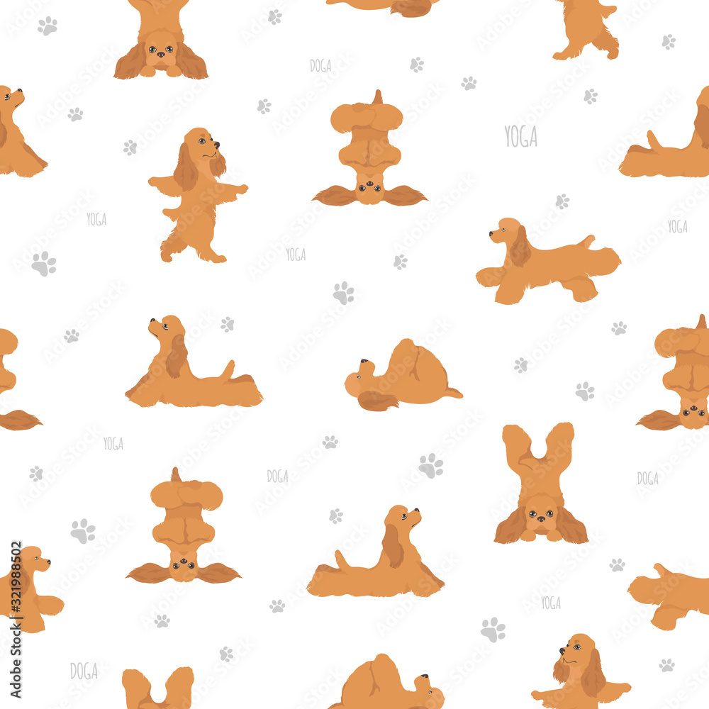 Fototapeta premium Yoga dogs poses and exercises seamless pattern design. American cocker spaniel clipart