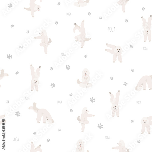 Yoga dogs poses and exercises seamless pattern design. Poodle clipart