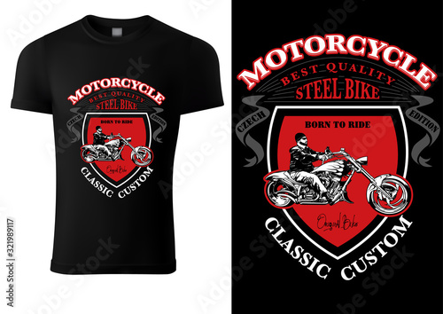 Black T-shirt Design with Motorcyclist and Inscriptions - Graphic Design for Printmaking T-shirt or Poster and etc., Vector