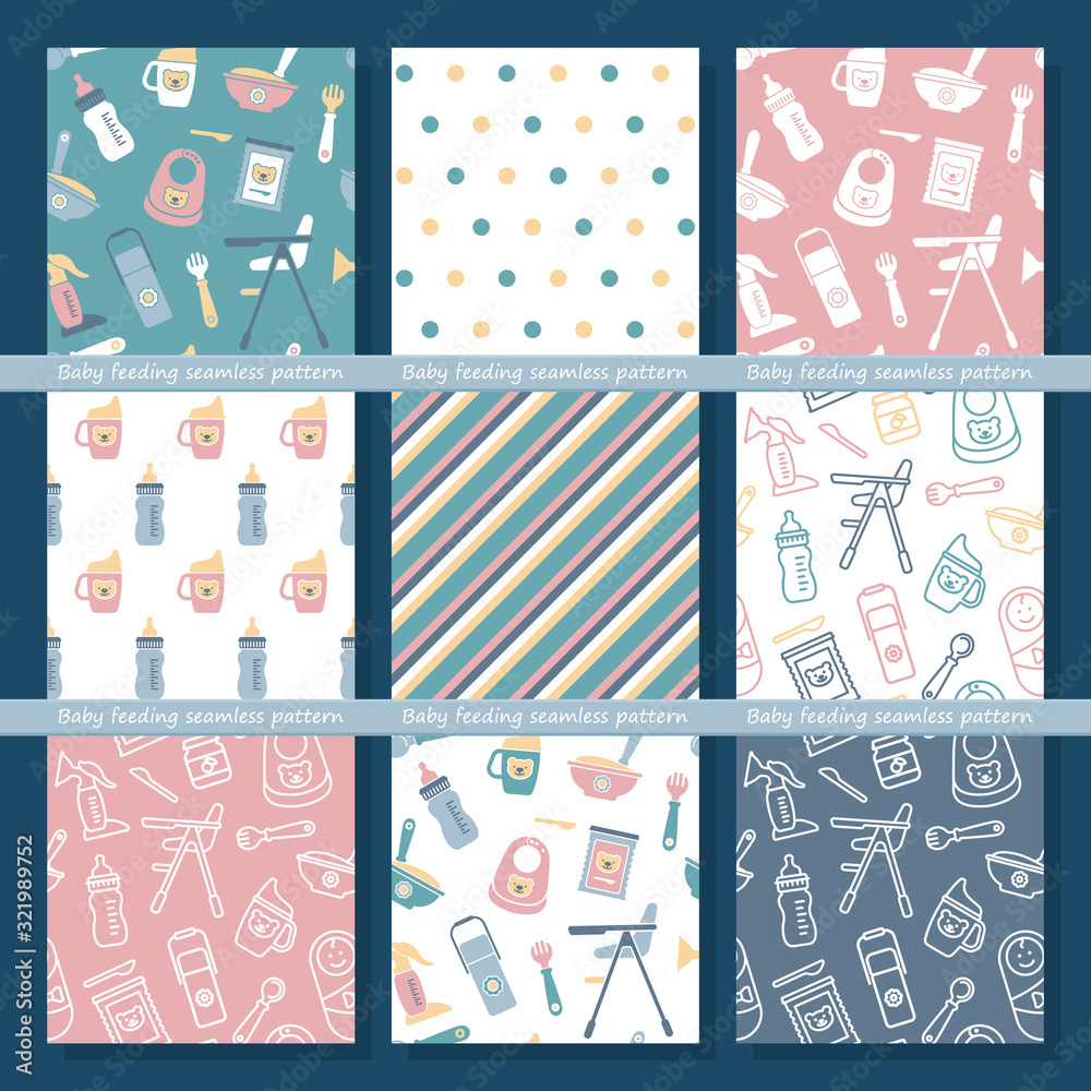 Fototapeta premium Set of seamless vector backgrounds on the theme of baby feeding