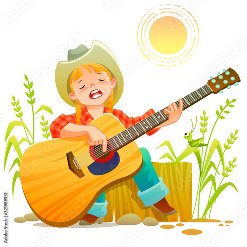 Girl playing guitar. Country Teen girl is playing guitar and singing. Happy moments with her love, playing folk song. She wears scotch shirt and blue jeans sitting in the field in natural.