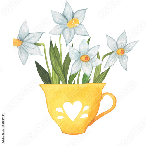 Bouquet of flowers in a vase in a watercolor style on a white background. Floral composition. Bright flowers, leaves and branches. Great for greeting cards, invitations, banners, flyers and designs