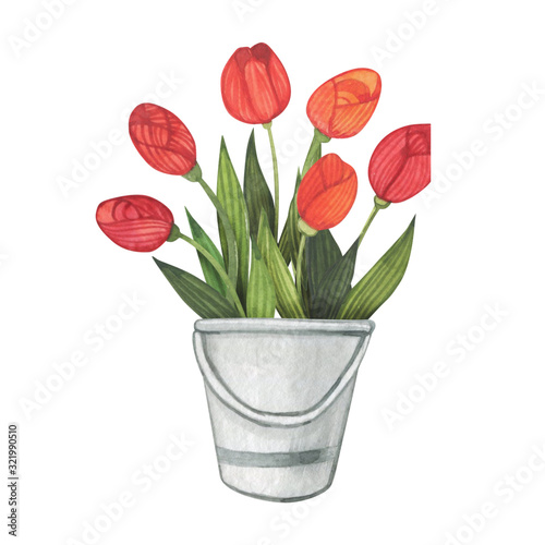 Bouquet of flowers in a vase in a watercolor style on a white background. Floral composition. Bright flowers, leaves and branches. Great for greeting cards, invitations, banners, flyers and designs