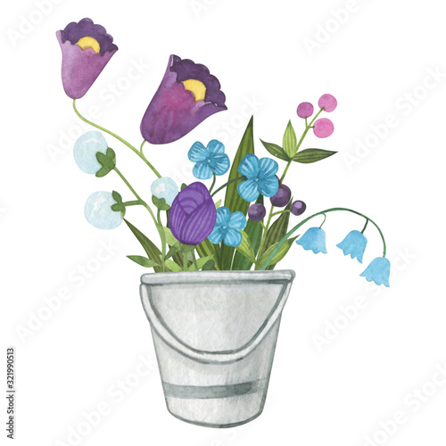 Bouquet of flowers in a vase in a watercolor style on a white background. Floral composition. Bright flowers, leaves and branches. Great for greeting cards, invitations, banners, flyers and designs