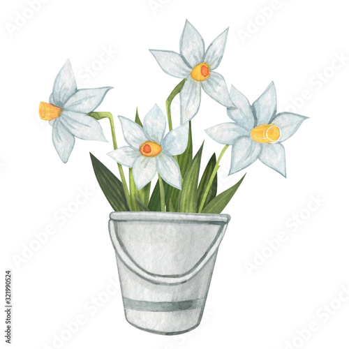 Bouquet of flowers in a vase in a watercolor style on a white background. Floral composition. Bright flowers, leaves and branches. Great for greeting cards, invitations, banners, flyers and designs