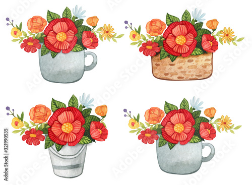 Bouquet of flowers in a vase in a watercolor style on a white background. Floral composition. Bright flowers, leaves and branches. Great for greeting cards, invitations, banners, flyers and designs