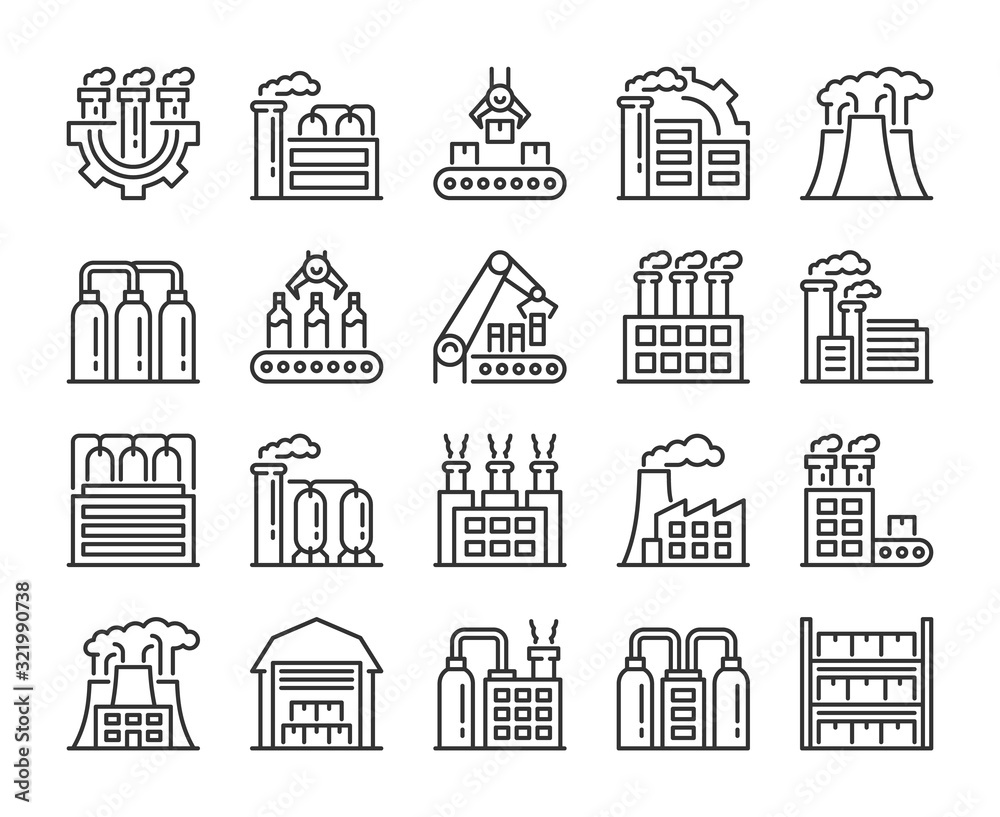 Factories icons. Factory and Industry line icon set. Vector illustration. Editable stroke.