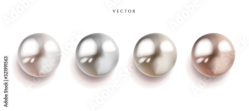 Set of pearl silver, pink or rose gold and gold spheres with glares icons isolated on white background, vector illustration.