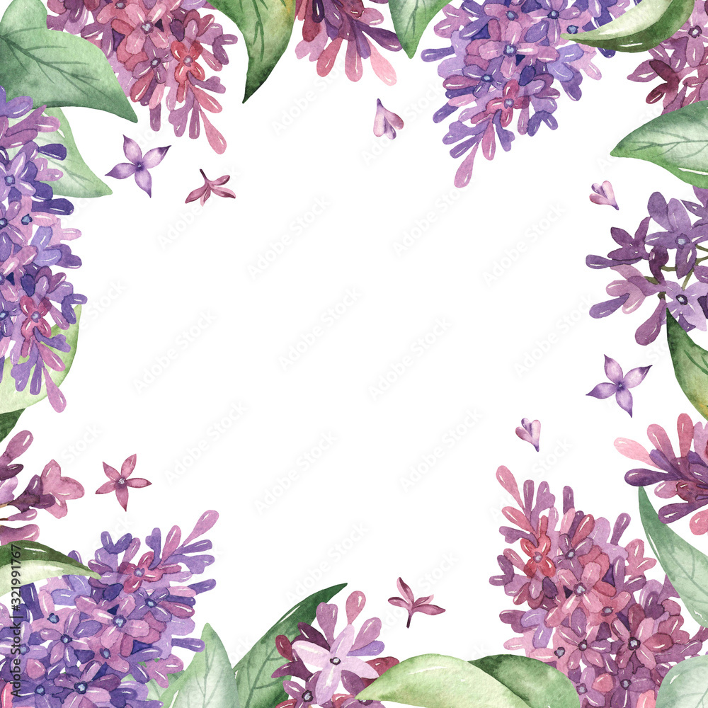 Watercolor square frame frame with flowers and leaves of lilac