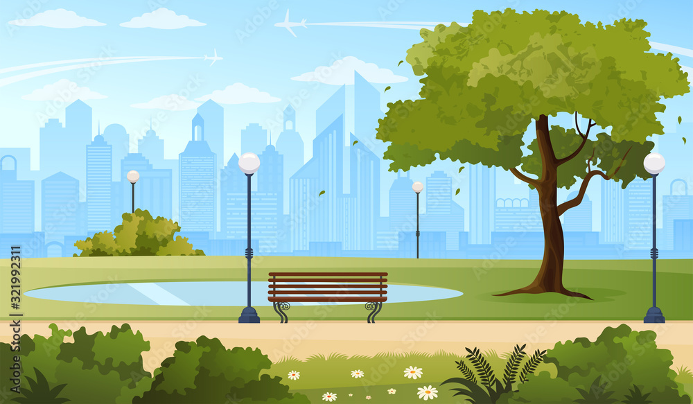 Summer city public park panorama, vector illustration.