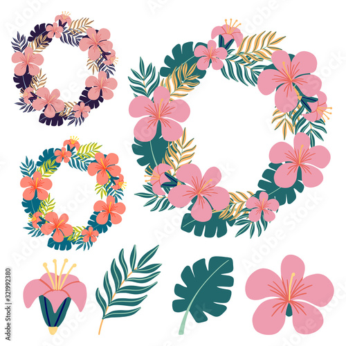 Hawaiian wreath in different colors. Set of elements for composing the composition. Tropical floral frame for design .Vector illustration