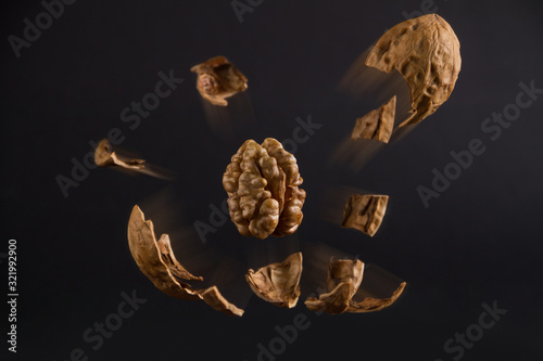 walnut explosion on a dark background