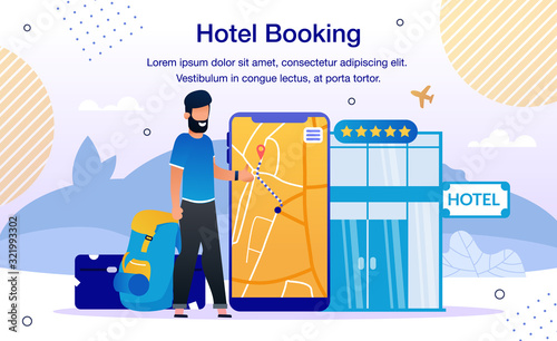 Hotel Room or Airline Tickets Booking Online Service or Mobile App Trendy Flat Vector Advertising Banner, Promo Poster Template. Traveling Man, Tourist Searching Hotels Location on Map Illustration