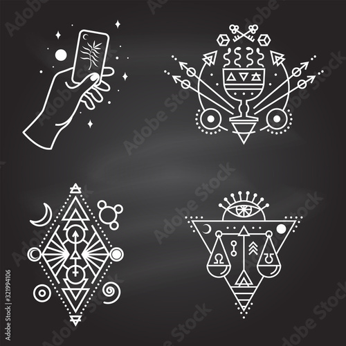 Esoteric symbols. Vector. Thin line geometric badge. Outline icon for alchemy or sacred geometry. Mystic and magic design with all-seeing eye  hand  cup and snakes  law scale.