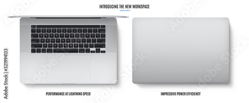 laptop with touchpad and keyboard silver color top view isolated on white background. flat lay detailed and realistic notebook mockup. stock vector illustration