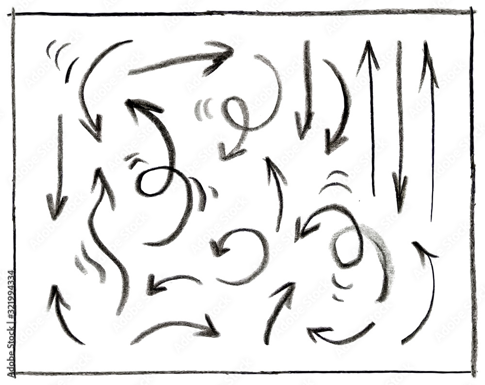 Arrows pointing in different directions. Black and white freehand drawing. For design presentations, holidays, cards and templates. Arrows pointing in different directions. Black and white freehand drawing. For design presentations, holidays, cards and templates.