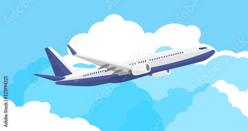 the plane takes off in against the sky and clouds
