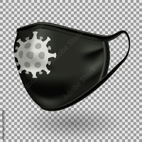 Black mask with a symbol of coronavirus. For protection against infection, and contaminated air. 3D realistic illustration. Isolated on transparent background, Vector.