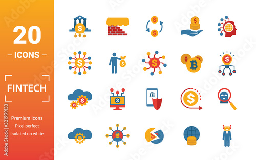 Fintech icon set. Include creative elements online banking, direct payment, fintech, cryptocurrency, fintech industry icons. Can be used for report, presentation, diagram, web design