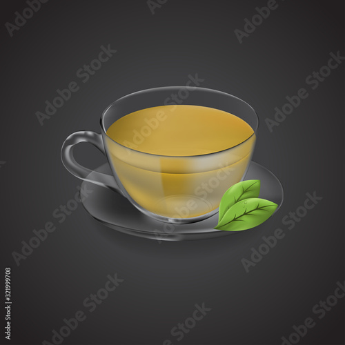 A cup of tea isolated on black background. Health drink linden tea in a glass cup. Vector illustration.