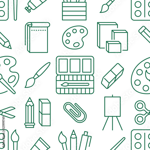 Stationery background, school tools seamless pattern. Art education wallpaper with line icons of pencil, pen, paintbrush, palette, notebook. Painter supplies vector illustration green white color