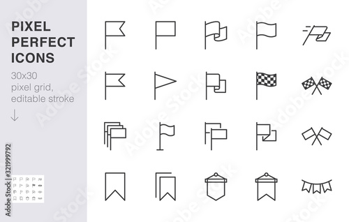 Flag line icon set. Checkered flags, location marker, waving pennant, bookmark, pin minimal vector illustrations. Simple outline signs for web map application. 30x30 Pixel Perfect. Editable Strokes photo