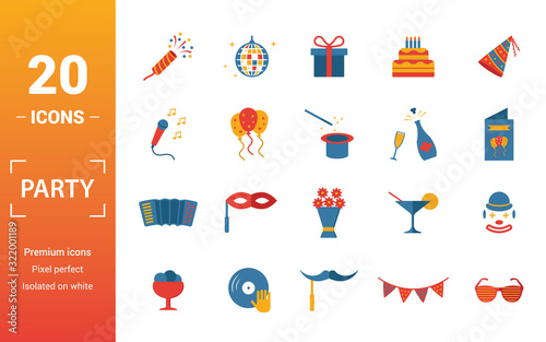 Party Icon icon set. Include creative elements flapper with confetti, gift, karaoke, champagne, harmonic icons. Can be used for report, presentation, diagram, web design