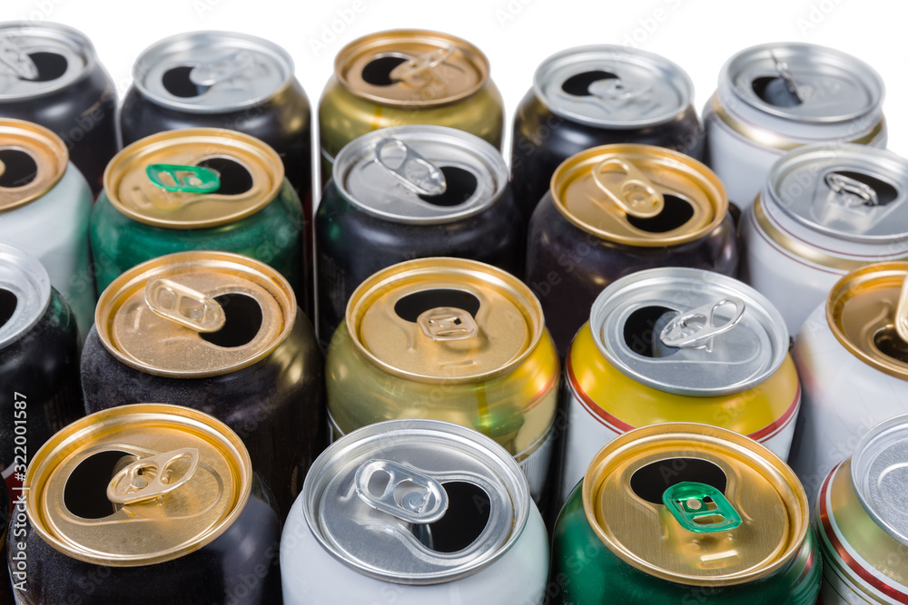 Used open beverage cans, fragment in selective focus Used open beverage cans, fragment in selective focus