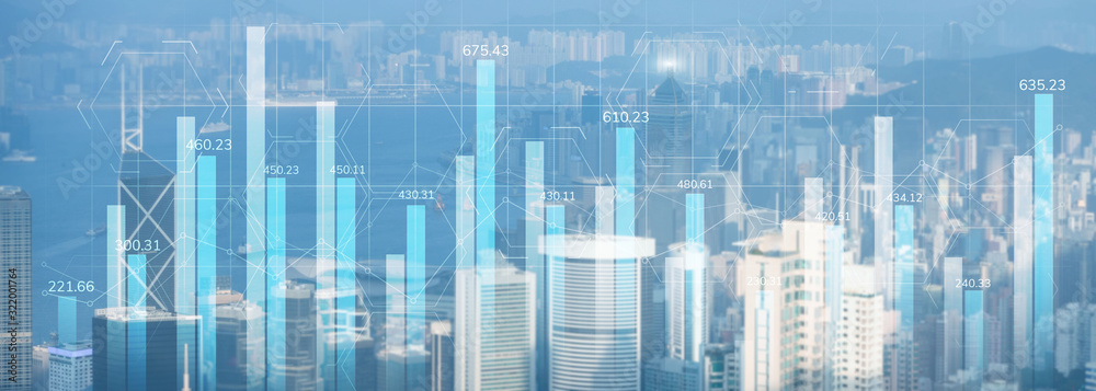 Financial graph diagram trading investment business intelligence concept website panoramic header double exposure modern city view.