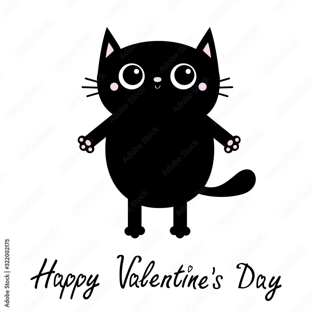 Happy Valentines Day. Black cat. Open hand pink paw print. Big eyes. Kitty reaching for a hug. Funny Kawaii animal. Baby card. Cute cartoon character. Pet collection. Flat design White background Happy Valentines Day. Black cat. Open hand pink paw print. Big eyes. Kitty reaching for a hug. Funny Kawaii animal. Baby card. Cute cartoon character. Pet collection. Flat design White background