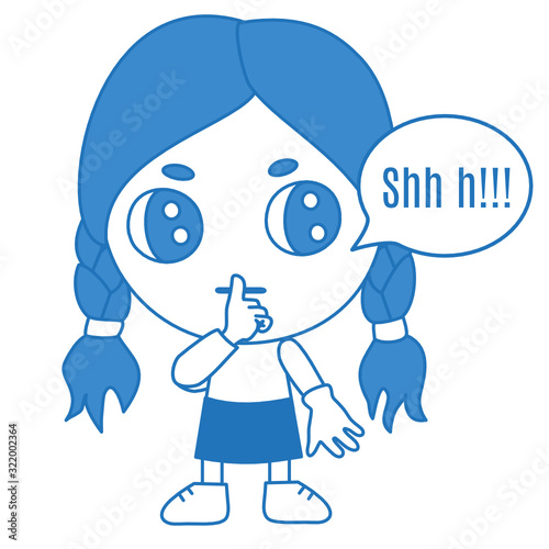 emoticon with character shushing shh h to politely tell people to shut up and be quiet to keep silence, girl chibi in blue color using finger on mouth gesture to stop talking, simple hand drawn emoji