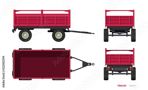 Isolated tractor trailer. Side, front, back and top view of agriculture machinery. Farming machinery in cartoon style. Industrial 3d blueprint