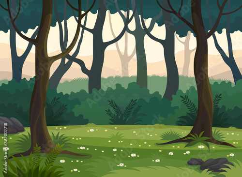 Summer fantasy forest glade, nature landscape. White daisies.