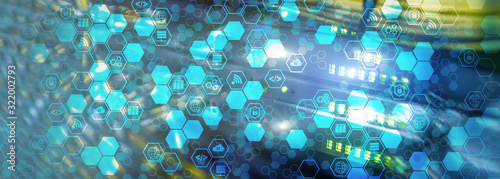 Blue Honeycomb Icons on Technology Management Center. Wifi Gears and Security concept. For your business.