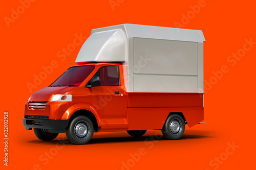 3d rendering realistic red food truck vehicle mockup for corporate brand identity design, on a red background with clipping paths.