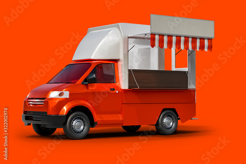 3d rendering realistic red food truck vehicle mockup for corporate brand identity design, on a red background with clipping paths.