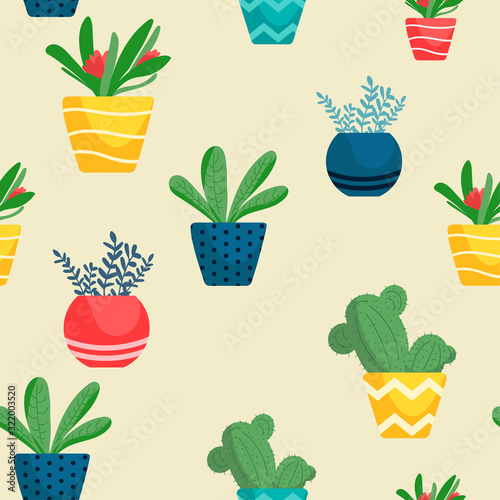 Vector seamless pattern with flat flowers in pots, cactus . Cute cactus, flowers in ornamental pots. Hand drawing illustration. Textile Wrapping paper background. repeating image