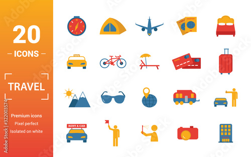 Travel icon set. Include creative elements compass, aircraft, taxi, credit card, sun and mountains icons. Can be used for report, presentation, diagram, web design