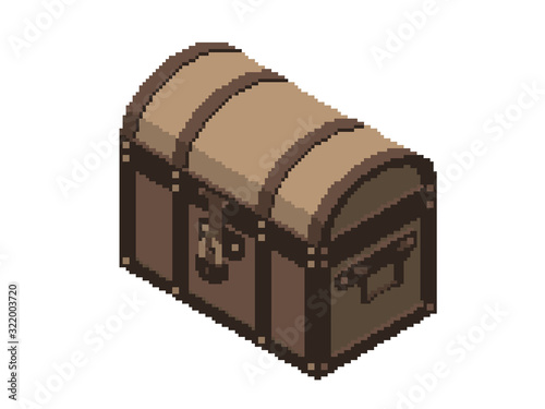 Pixelated Closed treasure vintage wooden chest. Pixel Art. Isometric projection. 3d Vector illustration. Isolated on white background.