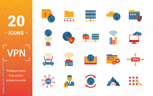 Vpn icon set. Include creative elements , archiving, site security, home server, cloud storage hacking icons. Can be used for report, presentation, diagram, web design