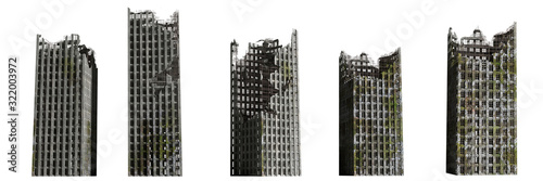 set of ruined skyscrapers, tall post apocalyptic buildings isolated on white background